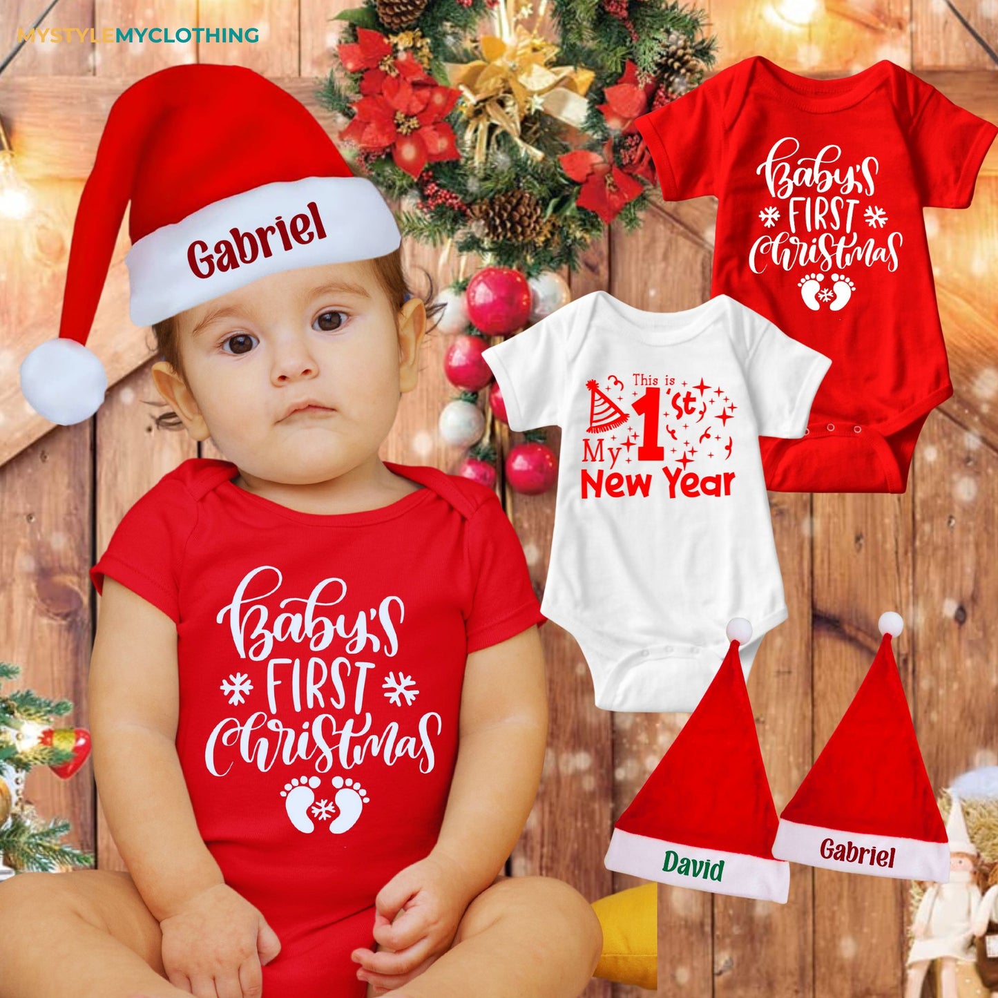 Baby Christmas and New Year Holiday Onesies Set with Customized Santa Hat