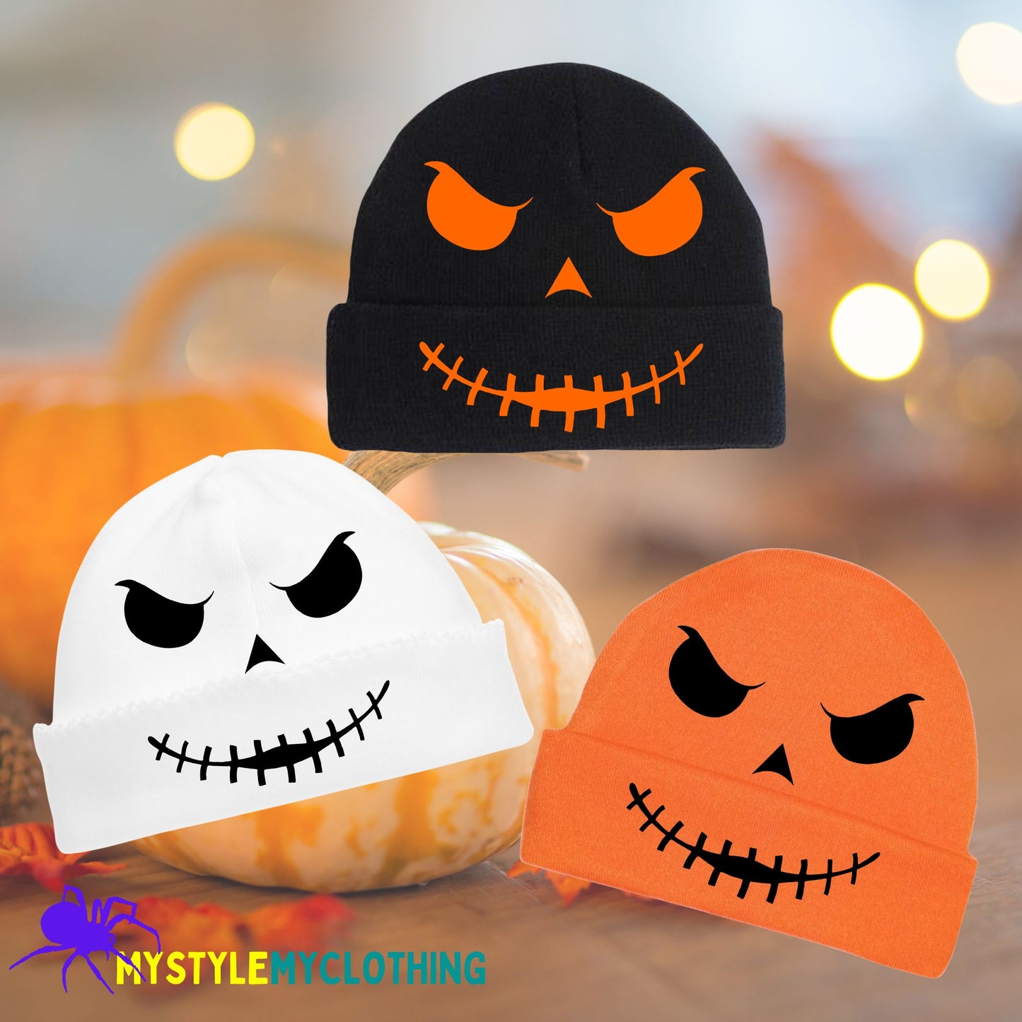 Baby Halloween Bonnets - Pumpkin, Scary Monster, Scare Crow and Smiling Skeleton