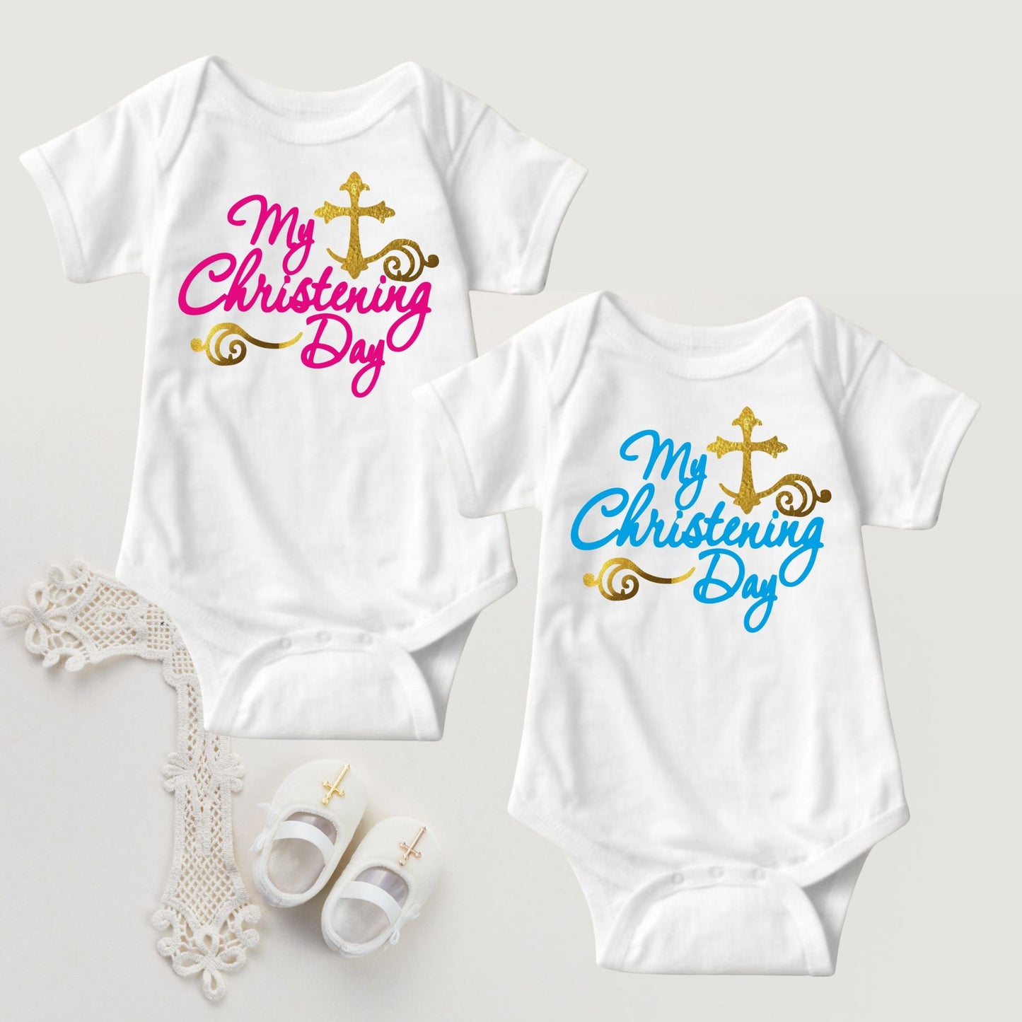 Baby Girl Christening Baptism Dedication Onesies - Pink Gold