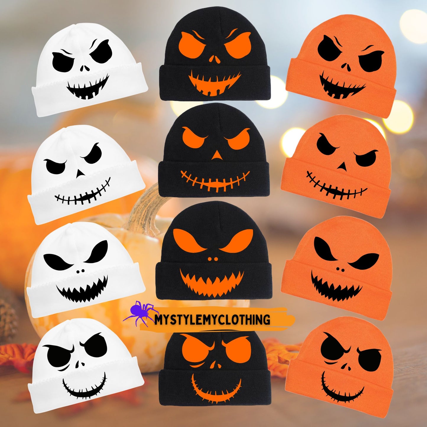 Baby Halloween Bonnets - Pumpkin, Scary Monster, Scare Crow and Smiling Skeleton