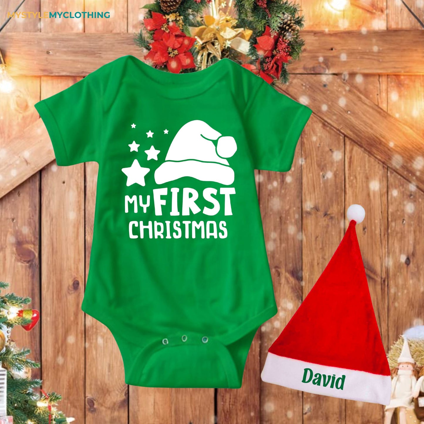Baby Christmas Holiday Onesies with Customized Santa Hat - My First Christmas Star & Hat
