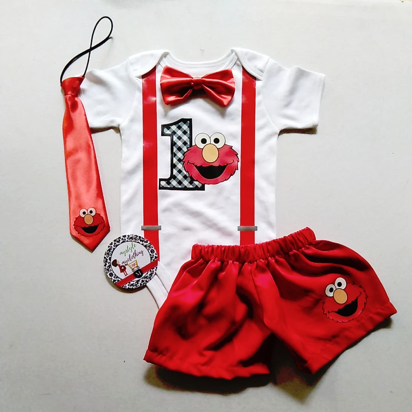 Elmo Birthday Set with Tie and Bottom - MYSTYLEMYCLOTHING