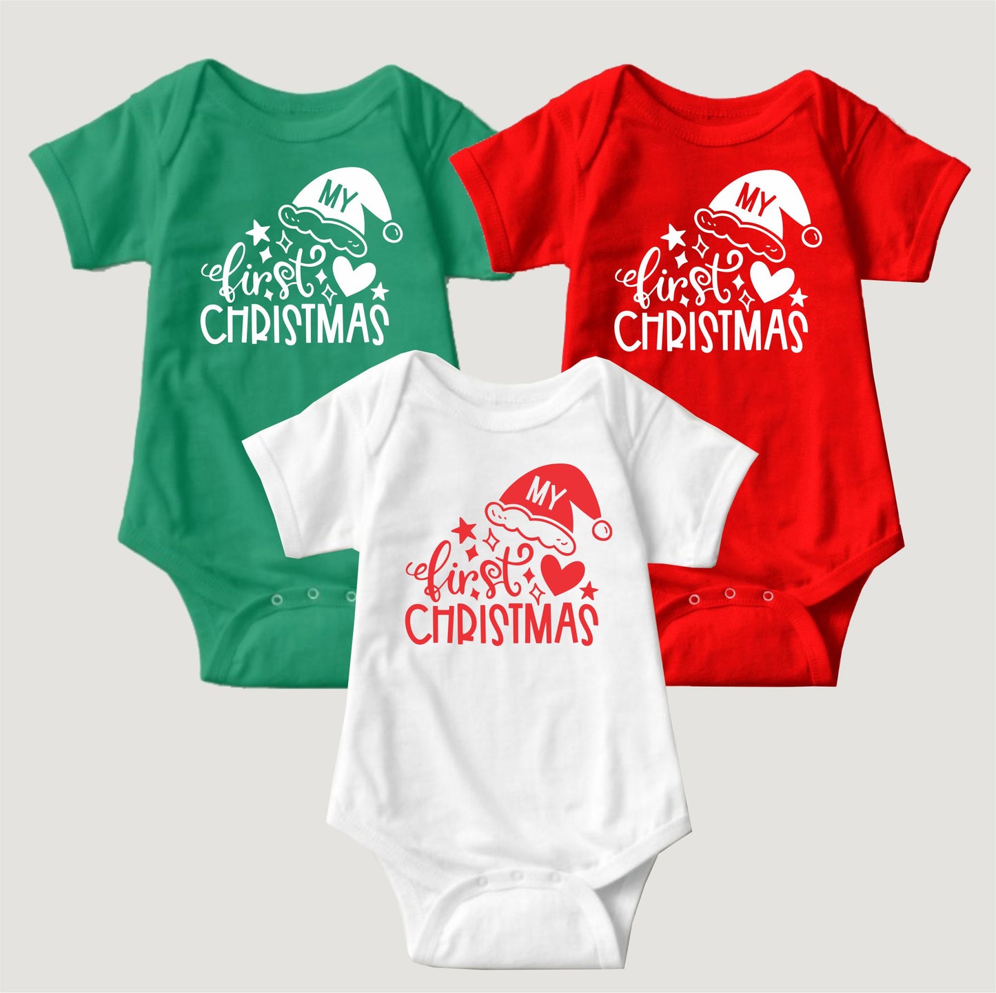 Baby Christmas Holiday Onesies - My First Christmas Hearts and Santa Hat