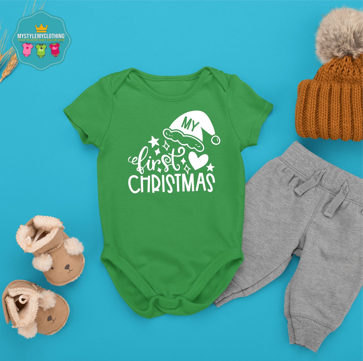 Baby Christmas Holiday Onesies - My First Christmas Hearts and Santa Hat