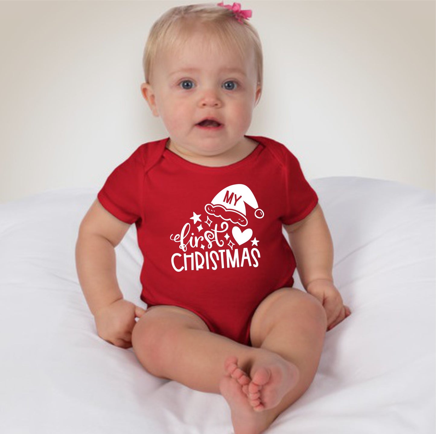 Baby Christmas Holiday Onesies - My First Christmas Hearts and Santa Hat