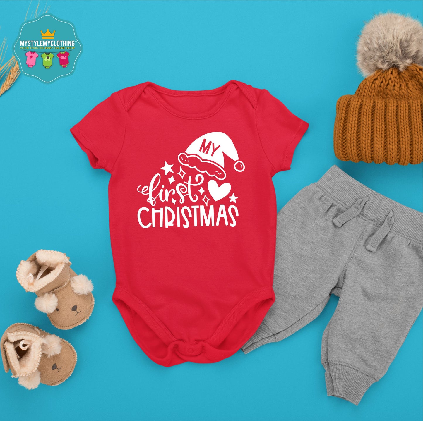 Baby Christmas Holiday Onesies - My First Christmas Hearts and Santa Hat