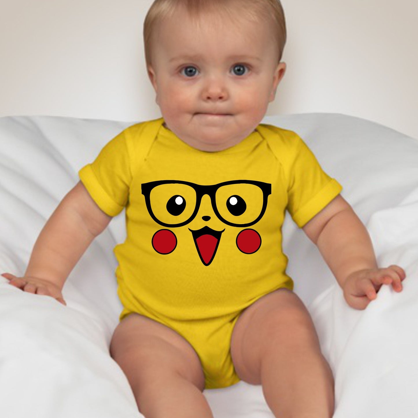 Baby Character Onesies with FREE Name Back Print - Pokemon-Pikachu with Glasses - MYSTYLEMYCLOTHING