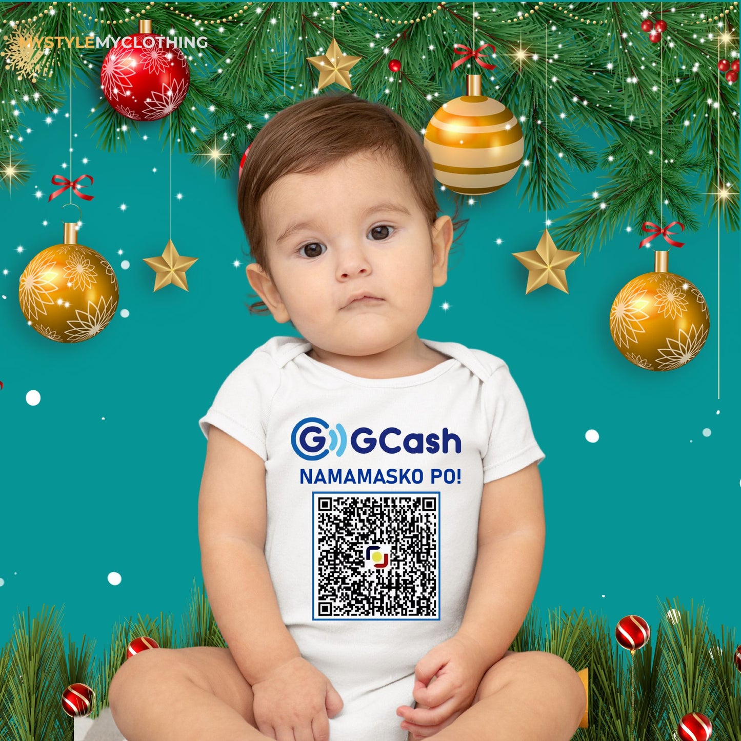 Baby QR Code Personalized Christmas Holiday Insta Gift Onesies with Baby Name Santa Hat