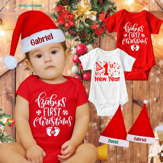 Baby Christmas and New Year Holiday Onesies Set with Csutomized Santa Hat