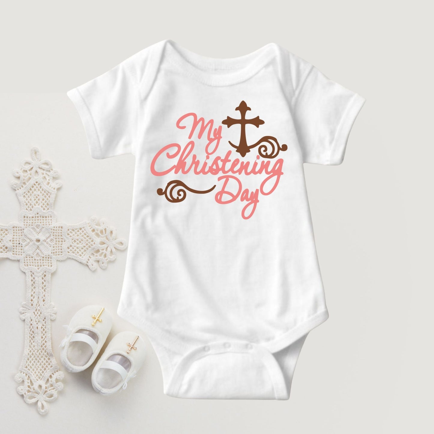 Baby Girl Christening Baptism Dedication Onesies - Pink Brown