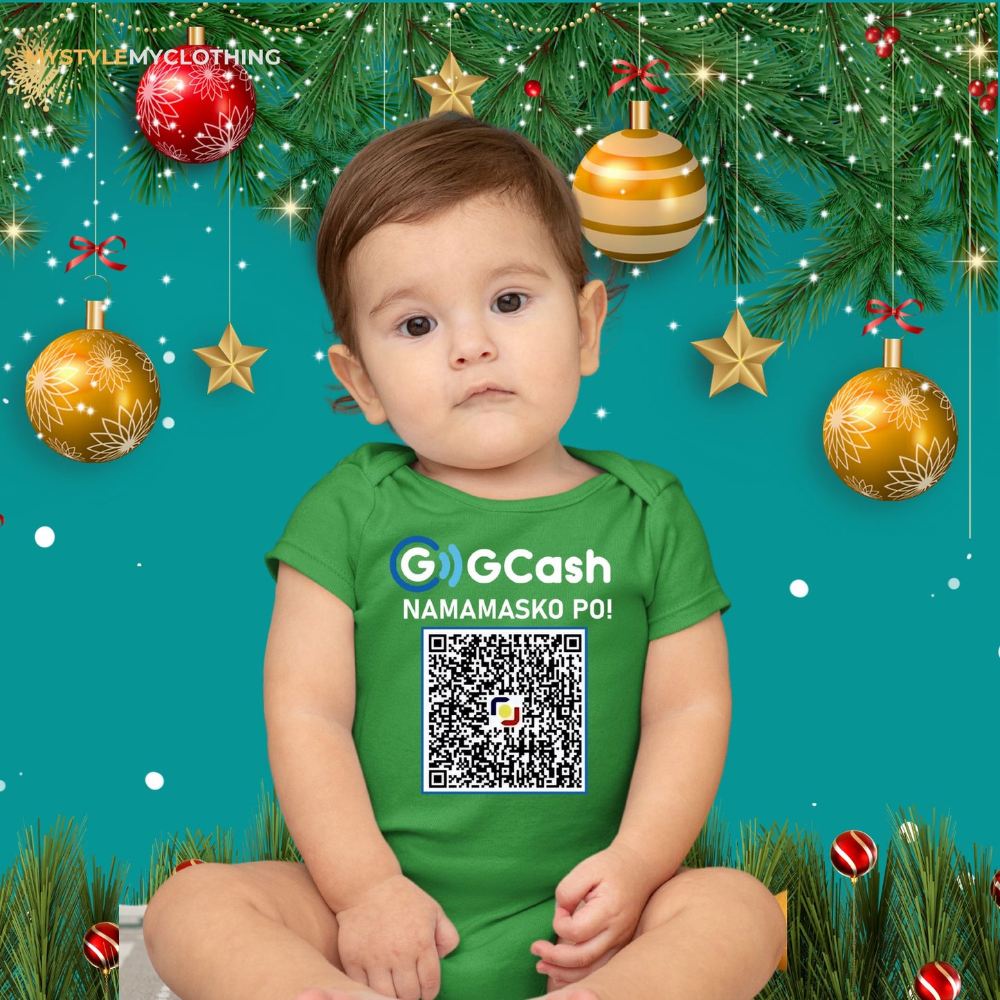 Baby QR Code Personalized Christmas Holiday Insta Gift Onesies with Baby Name Santa Hat