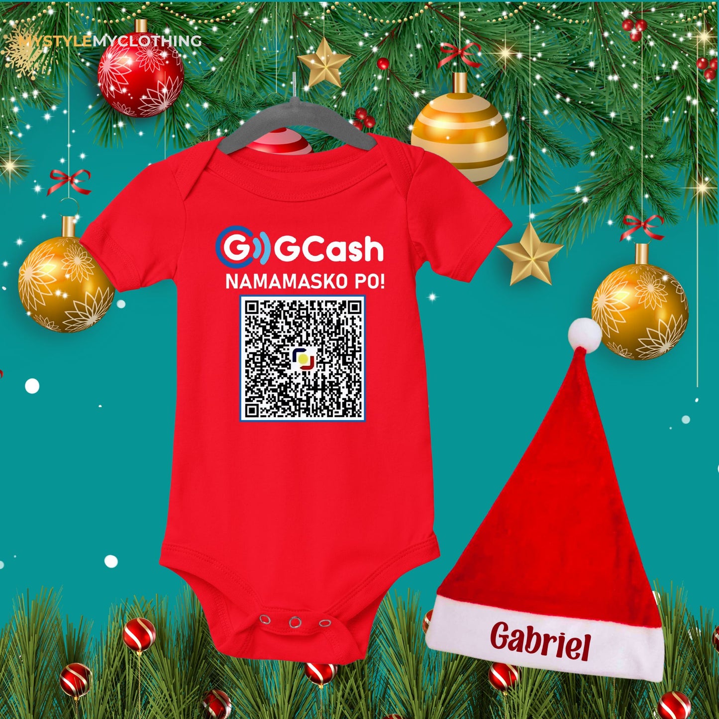 Baby QR Code Personalized Christmas Holiday Insta Gift Onesies with Baby Name Santa Hat