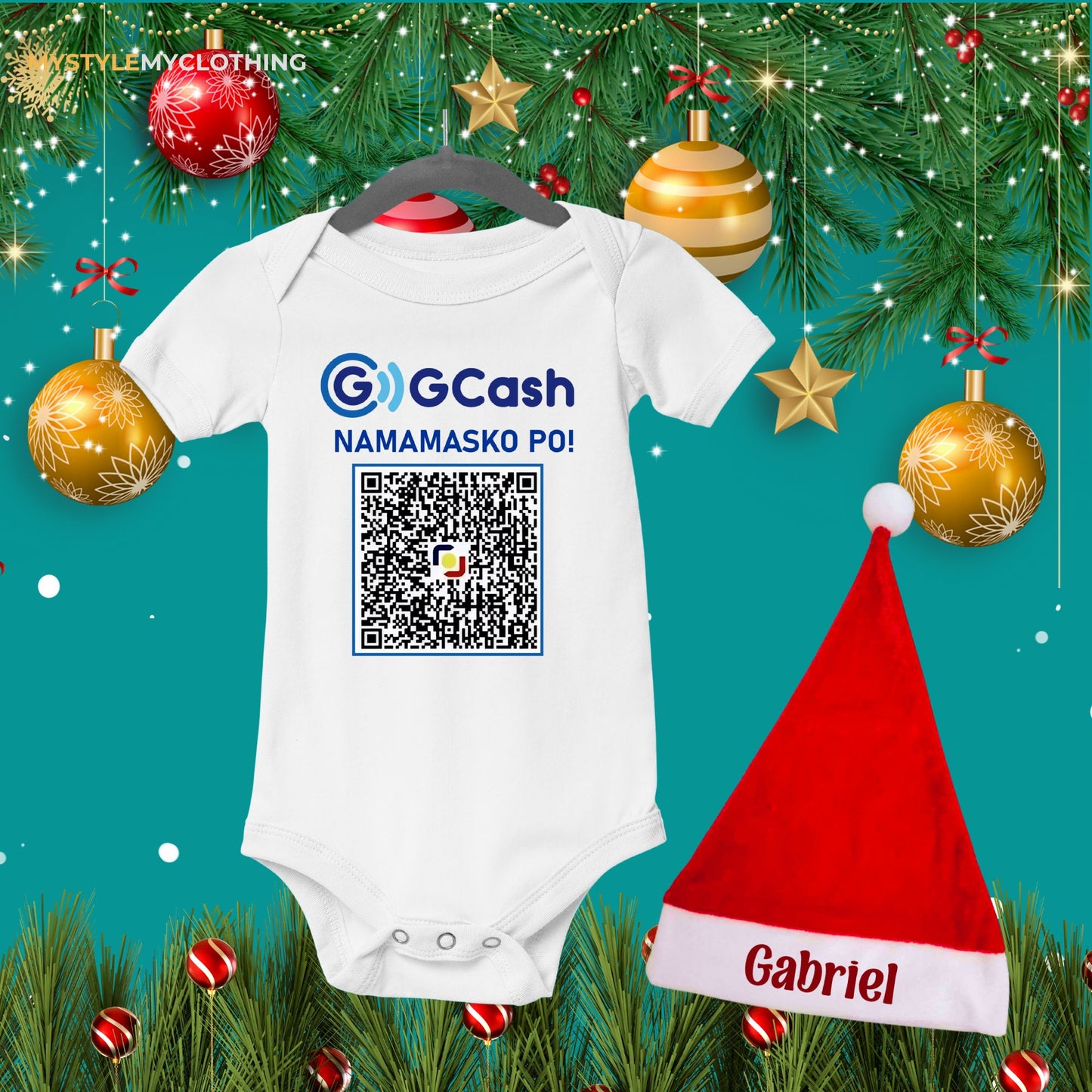 Baby QR Code Personalized Christmas Holiday Insta Gift Onesies with Baby Name Santa Hat