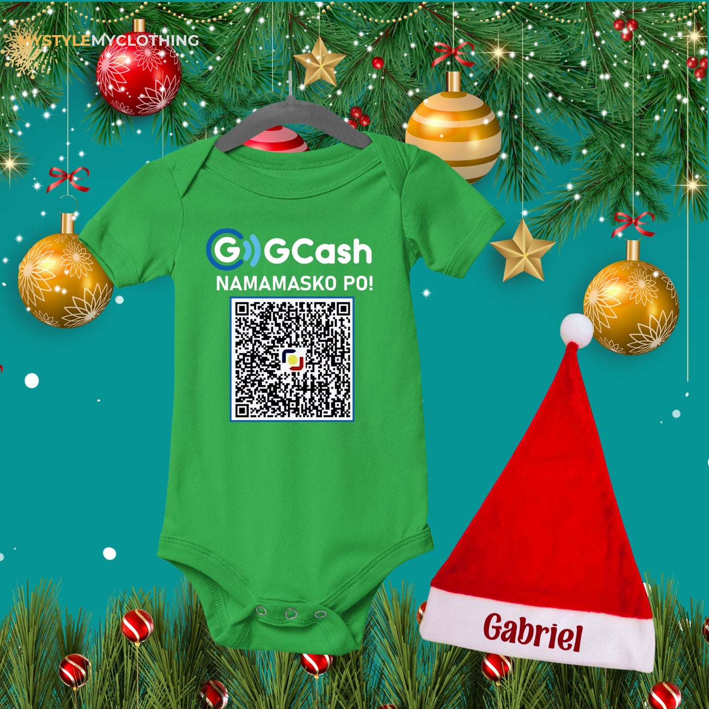 Baby QR Code Personalized Christmas Holiday Insta Gift Onesies with Baby Name Santa Hat