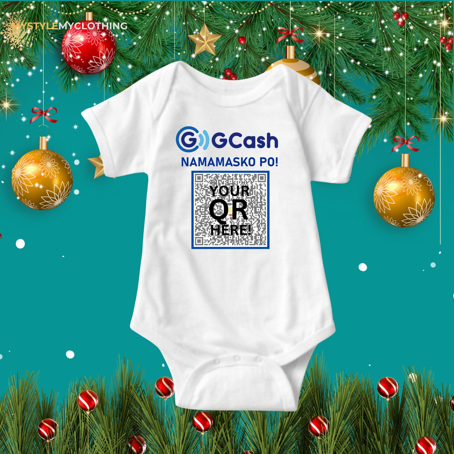 Baby QR Code Personalized Christmas Holiday Insta Gift Onesies with Baby Name Santa Hat