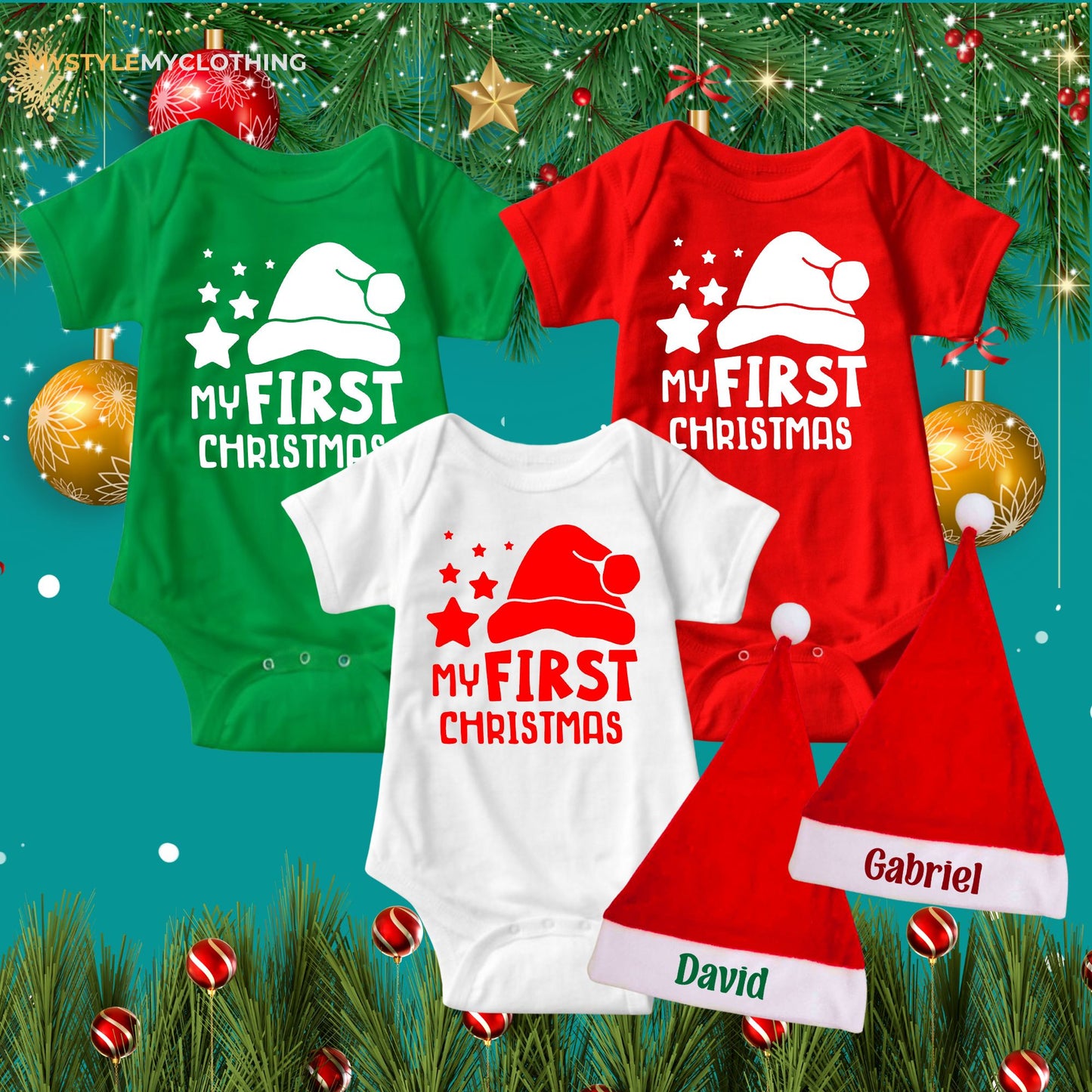 Baby Christmas Holiday Onesies with Customized Santa Hat - My First Christmas Star & Hat