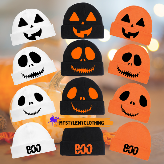 Baby Halloween Bonnets - Pumpkin, Scary Monster, Scare Crow and Smiling Skeleton