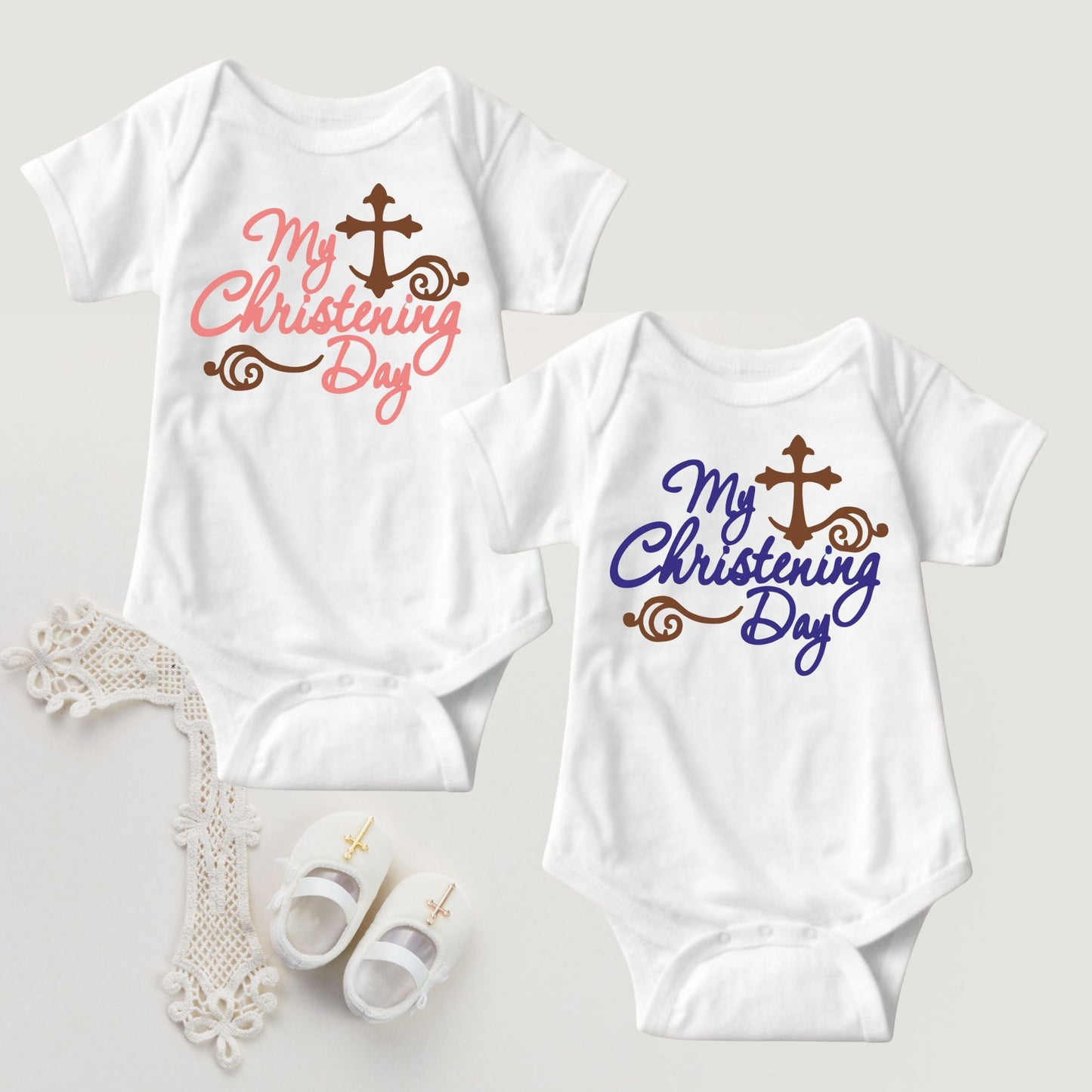 Baby Girl Christening Baptism Dedication Onesies - Pink Brown