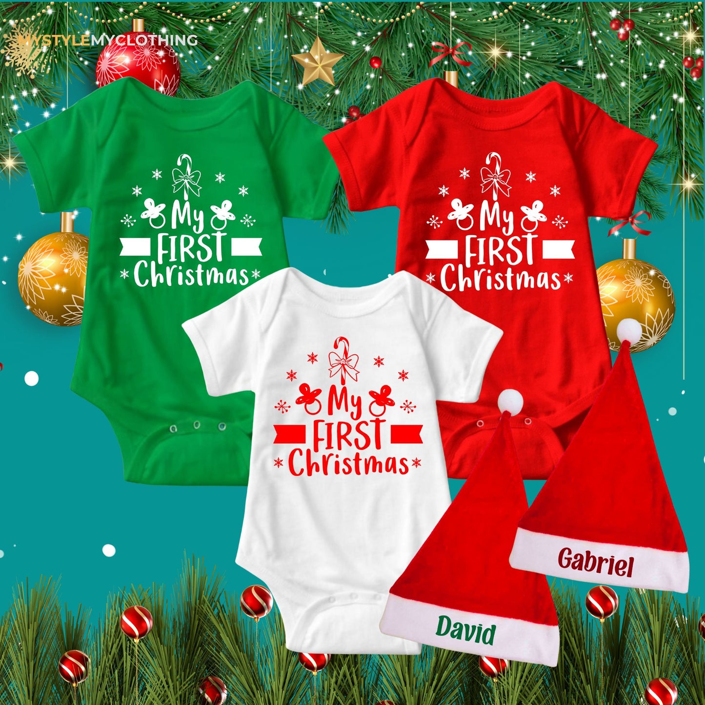 Baby Christmas Holiday Onesies with Customized Santa Hat - My First Christmas Pacifier