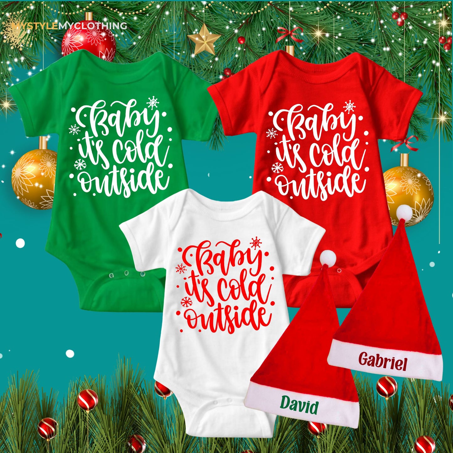 Baby Christmas Holiday Onesies with Customized Santa Hat - Its Cold Outside