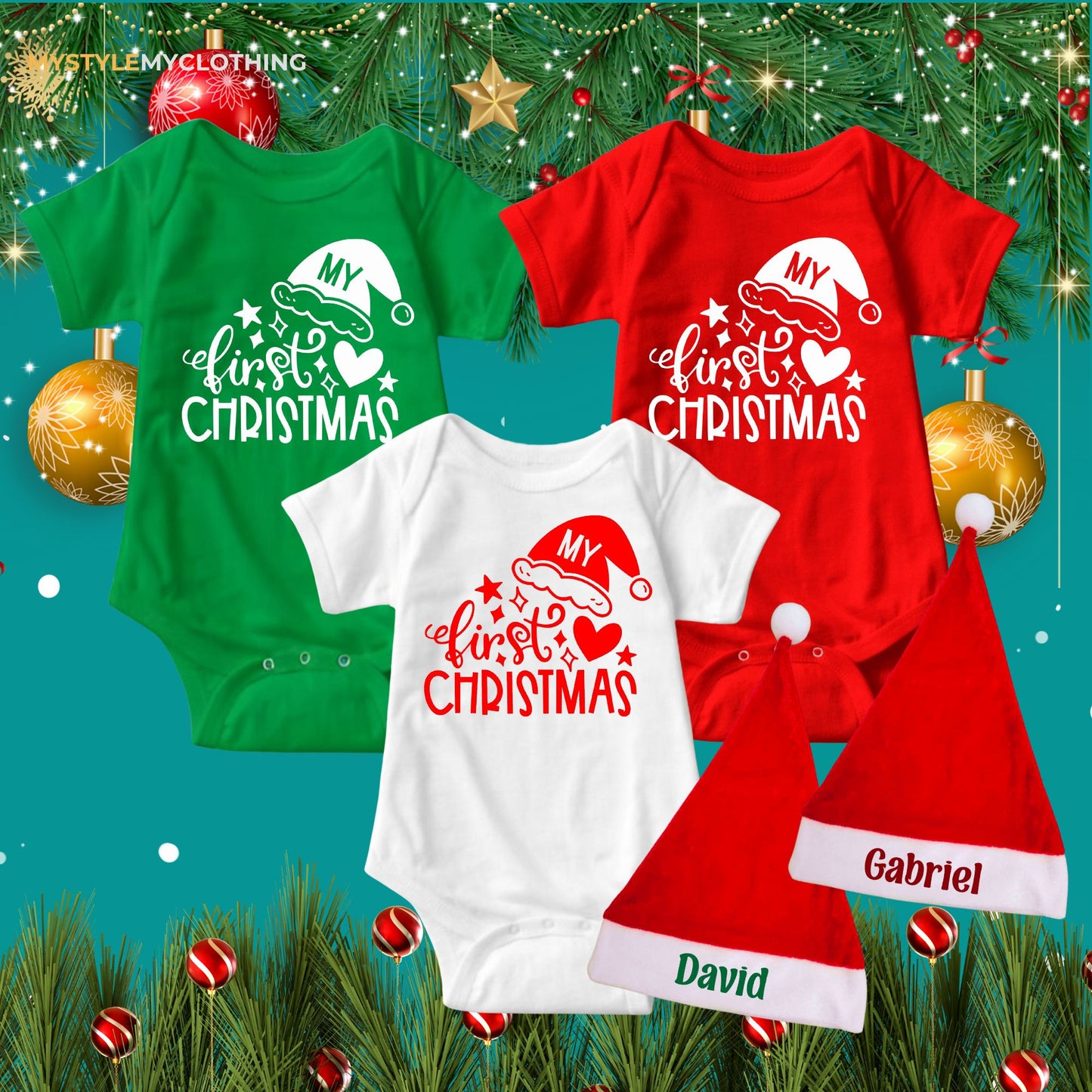 Baby Christmas Holiday Onesies with Customized Santa Hat- My First Christmas Hearts and Santa Hat