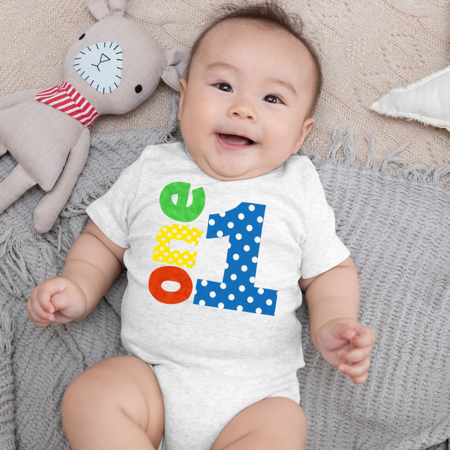 Baby 1st Birthday Onesies - 1 One (Blue Polka)