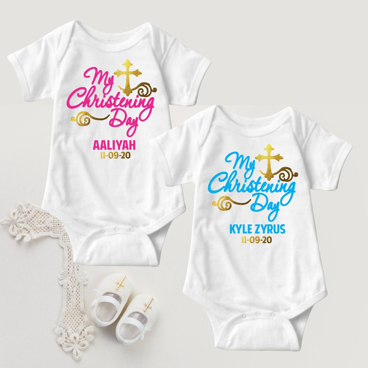 Baby Girl Christening Baptism Dedication Onesies - Gold Custom Print Name and Date