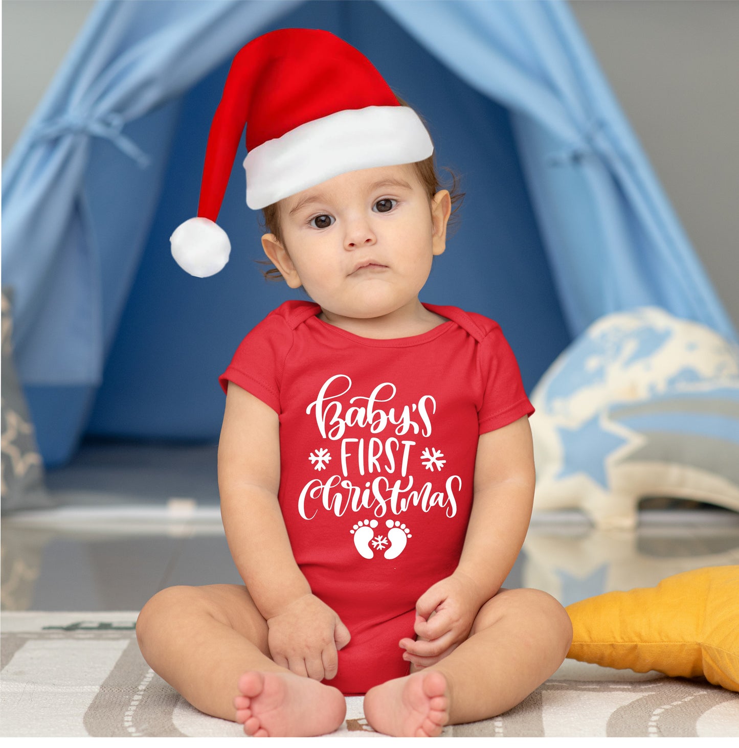 Baby Christmas Holiday Onesies with Customized Santa Hat - Baby First Christmas