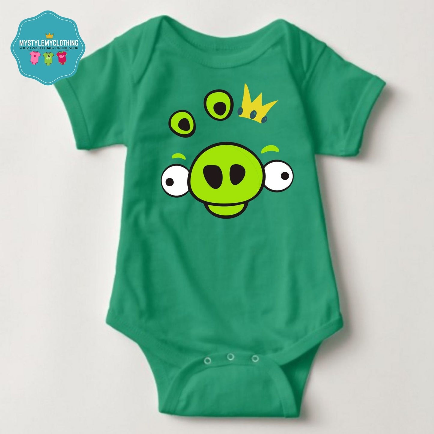 Baby Character Onesies with FREE Name Back Print - Angry-Bird Green King Pin