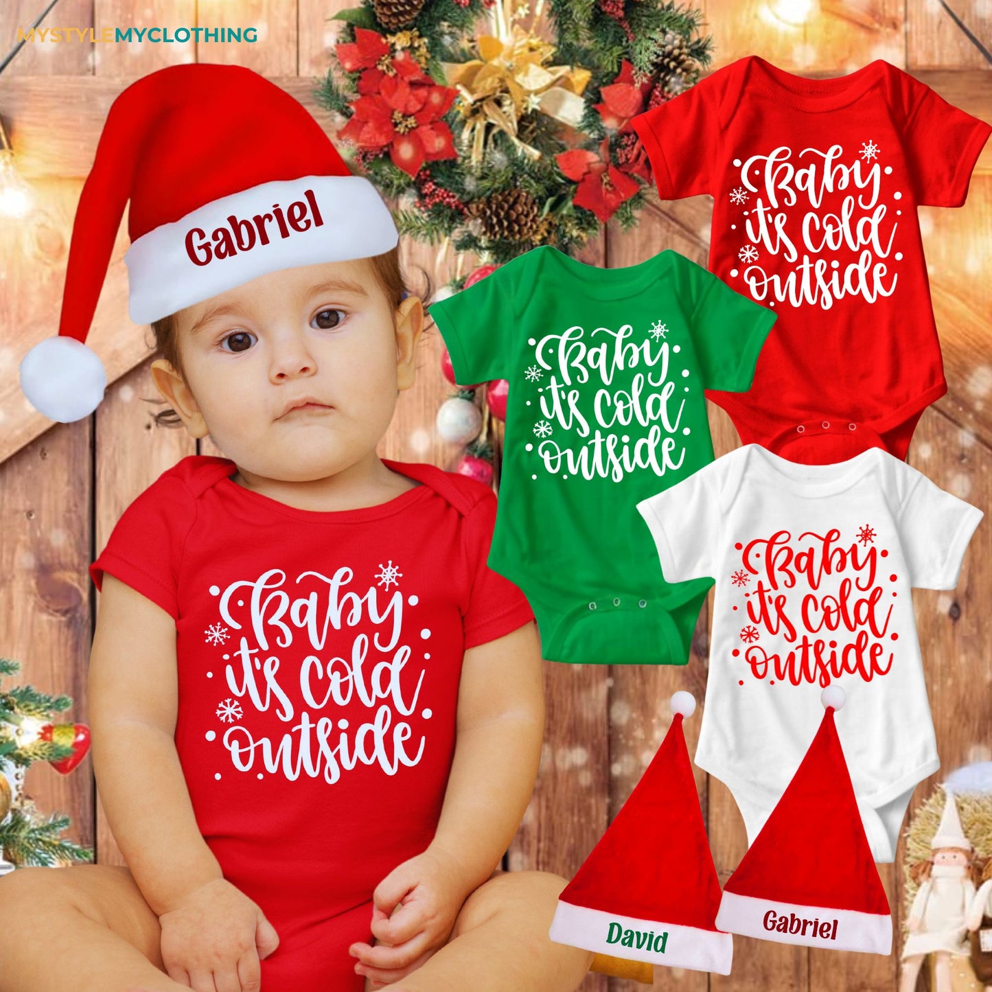 Baby Christmas Holiday Onesies with Customized Santa Hat - Its Cold Outside