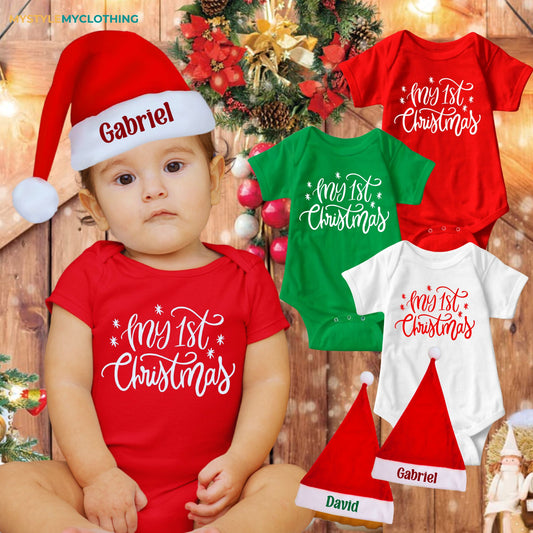 Baby Christmas Holiday Onesies with Customized Santa Hat - My First Christmas Cursive