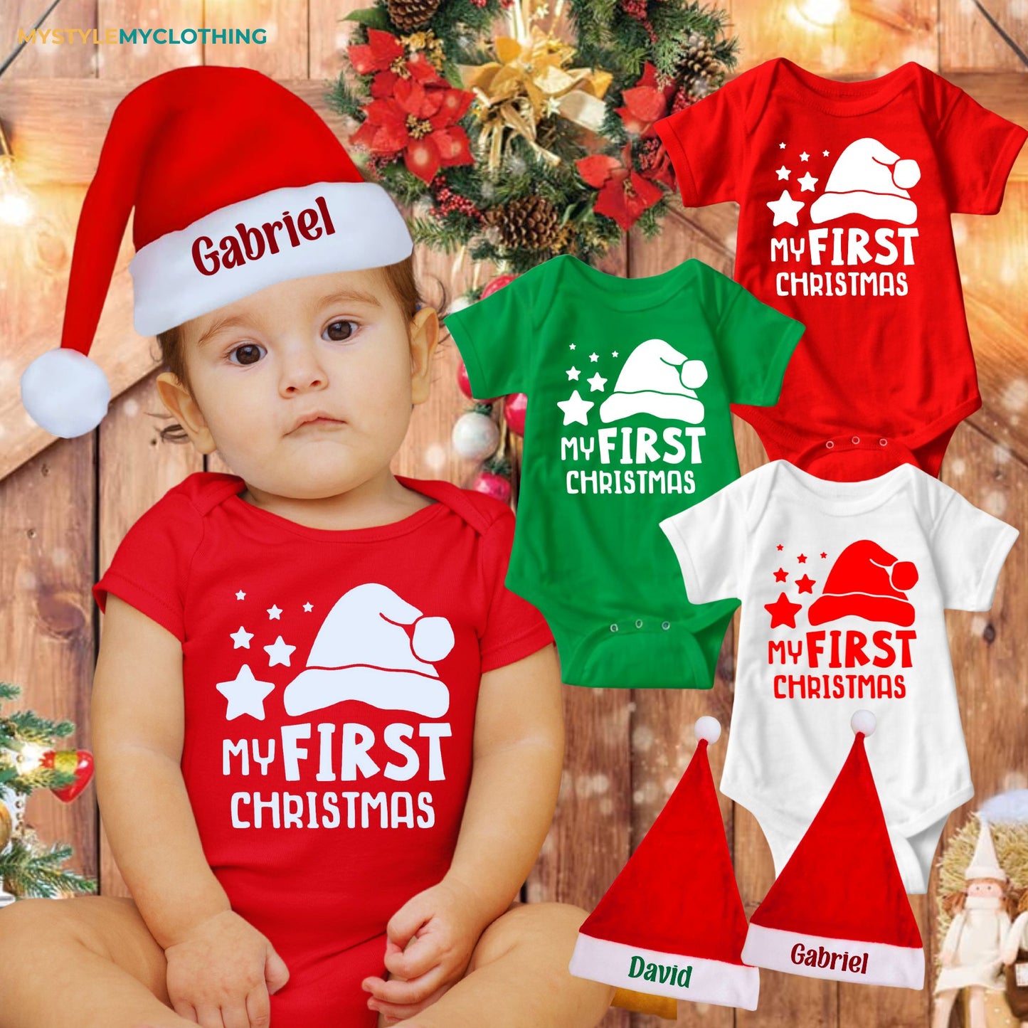 Baby Christmas Holiday Onesies with Customized Santa Hat - My First Christmas Star & Hat