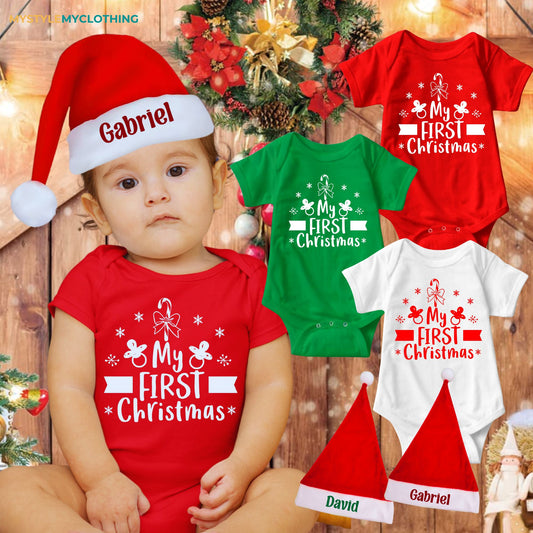 Baby Christmas Holiday Onesies with Customized Santa Hat - My First Christmas Pacifier