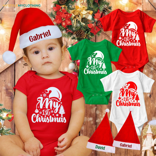 Baby Christmas Onesies with Customized Santa Hat - Tree's and Hat