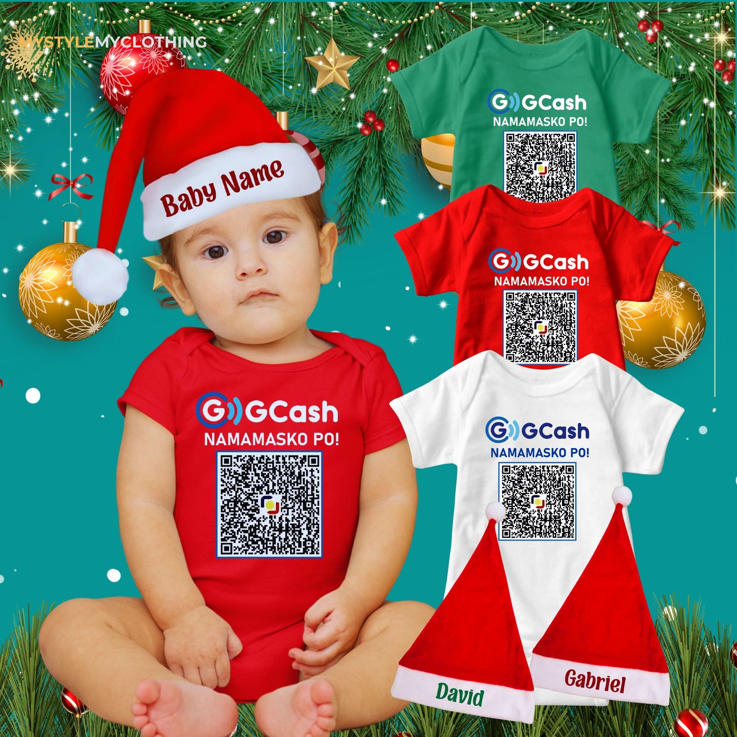 Baby QR Code Personalized Christmas Holiday Insta Gift Onesies with Baby Name Santa Hat