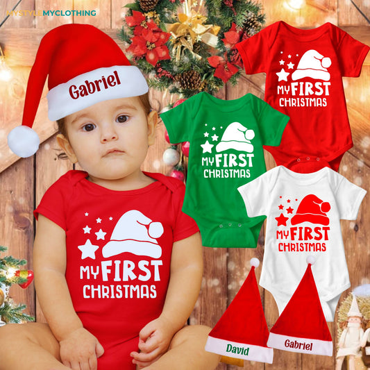 Baby Christmas Holiday Onesies with Customized Santa Hat - My 1st Christmas Star and Santa Hat