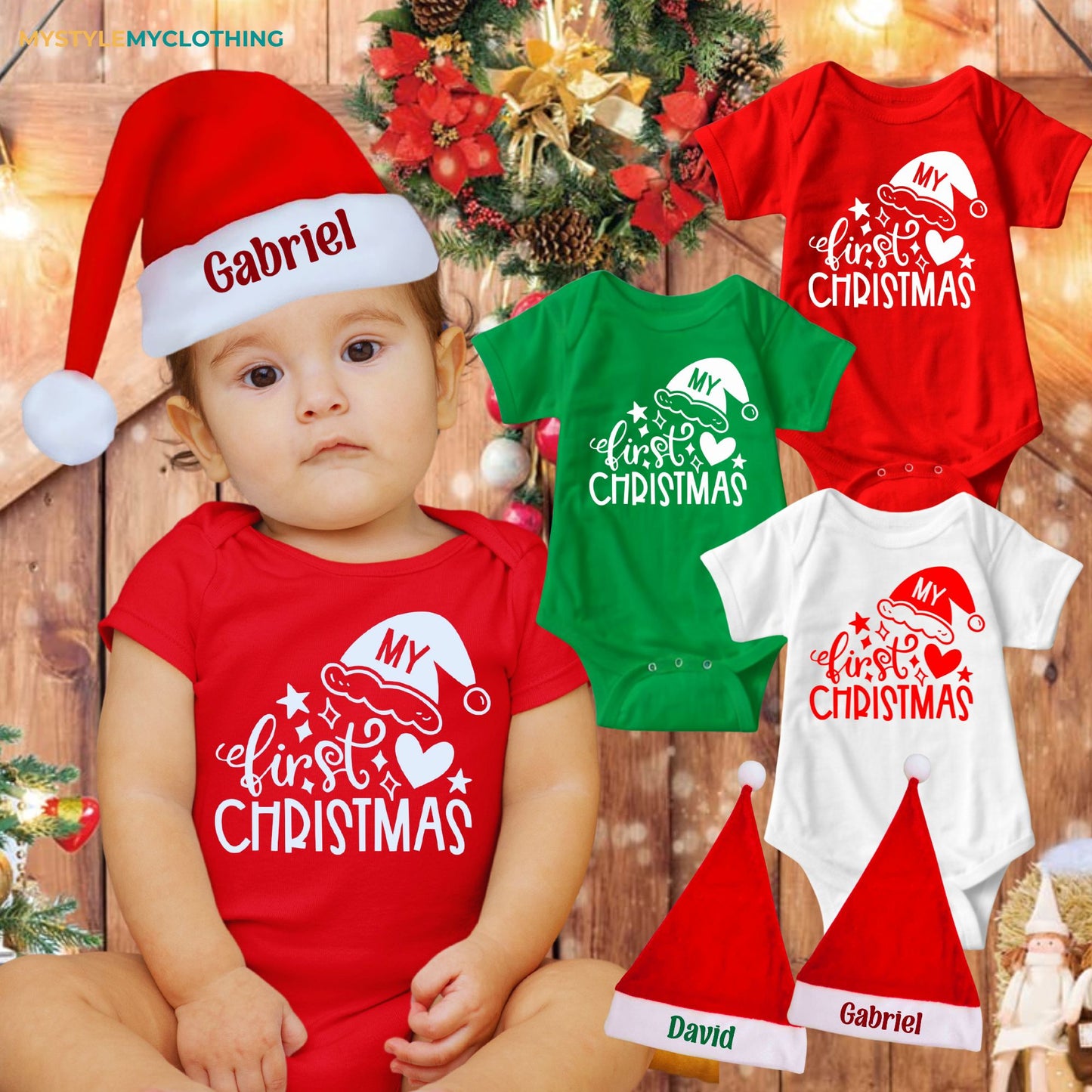 Baby Christmas Holiday Onesies with Customized Santa Hat- My First Christmas Hearts and Santa Hat