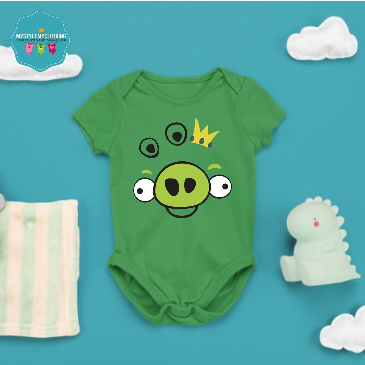 Baby Character Onesies with FREE Name Back Print - Angry-Bird Green King Pin