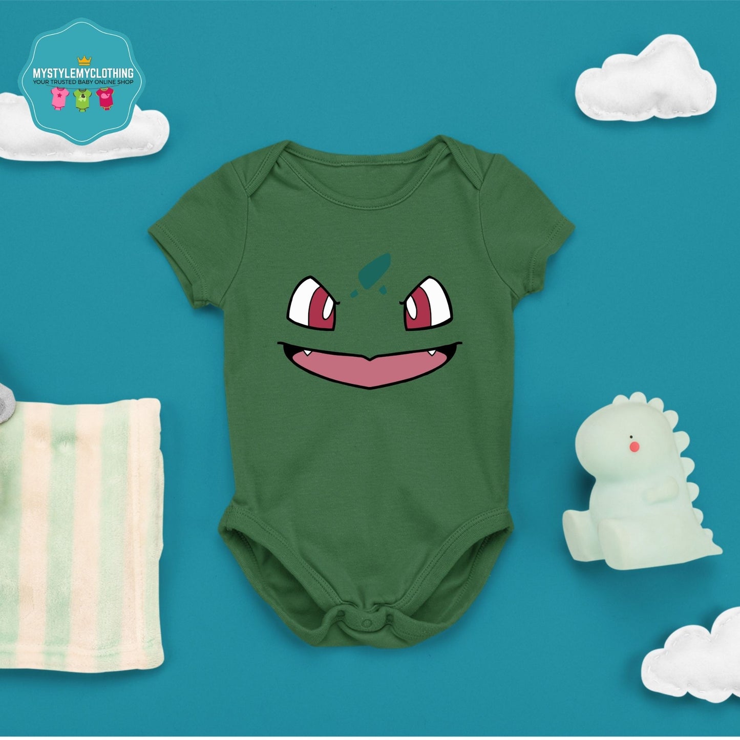 Baby Character Onesies with Name Back Print - Pokemon-Bulbasaur