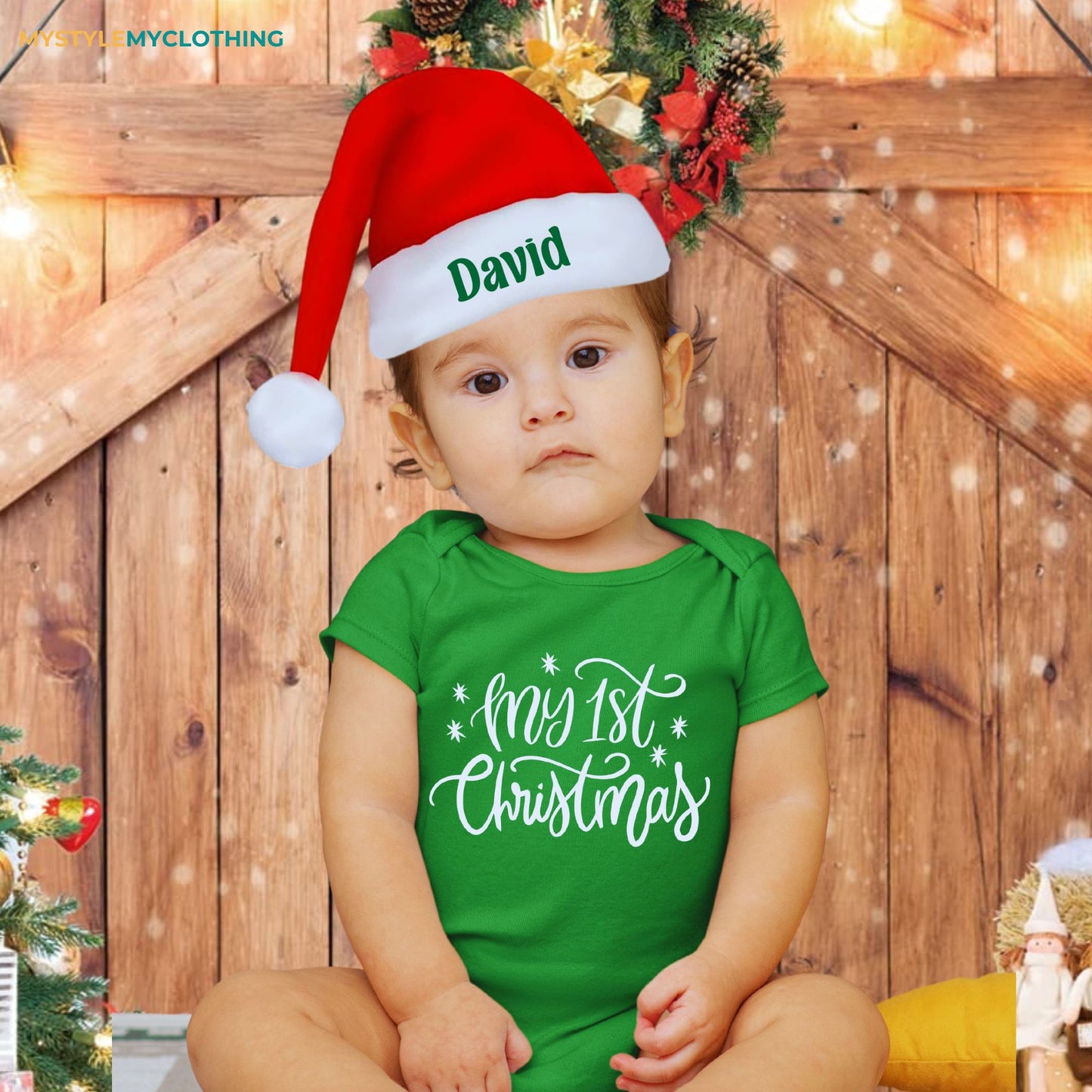 Baby Christmas Holiday Onesies with Customized Santa Hat - My First Christmas Cursive