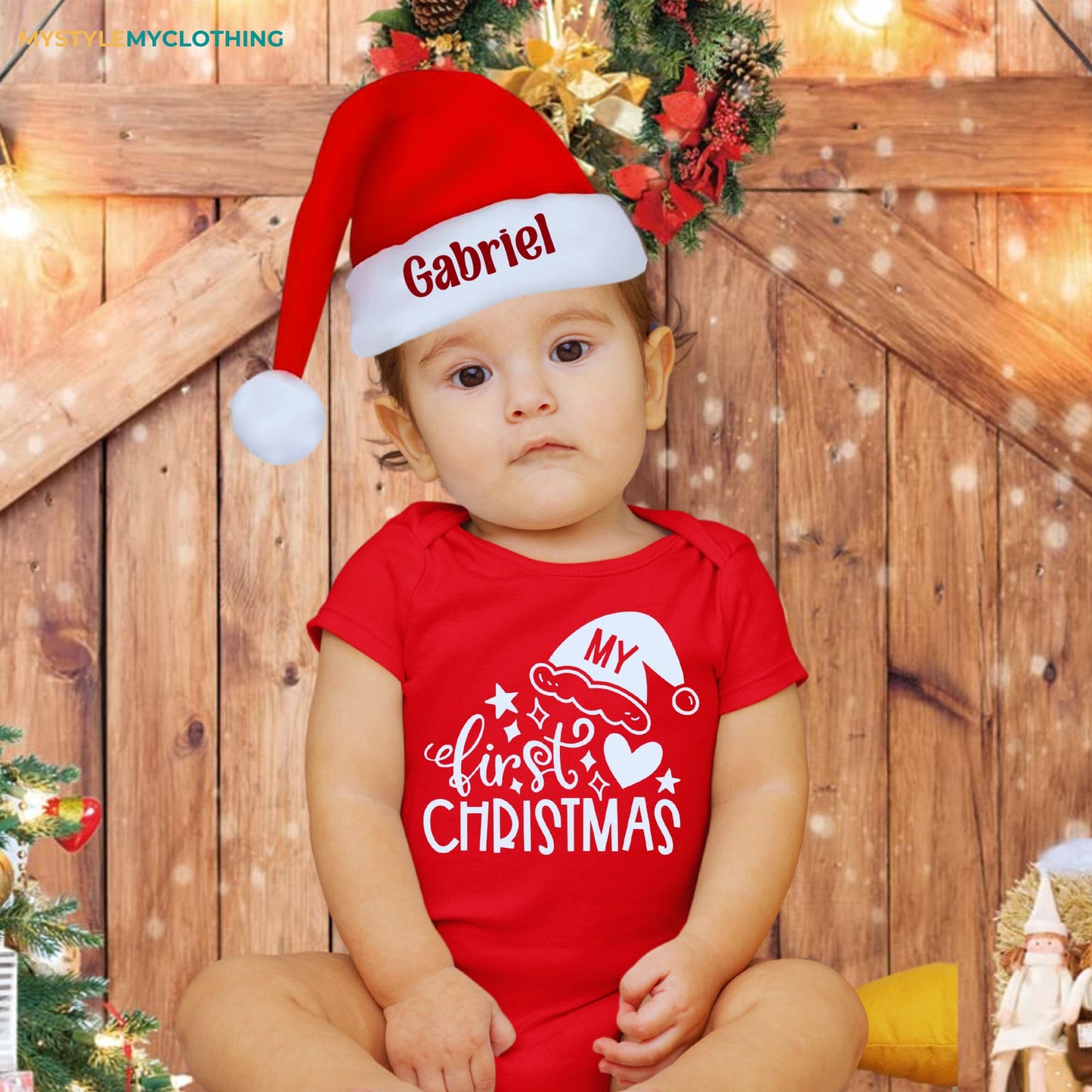 Baby Christmas Holiday Onesies with Customized Santa Hat- My First Christmas Hearts and Santa Hat