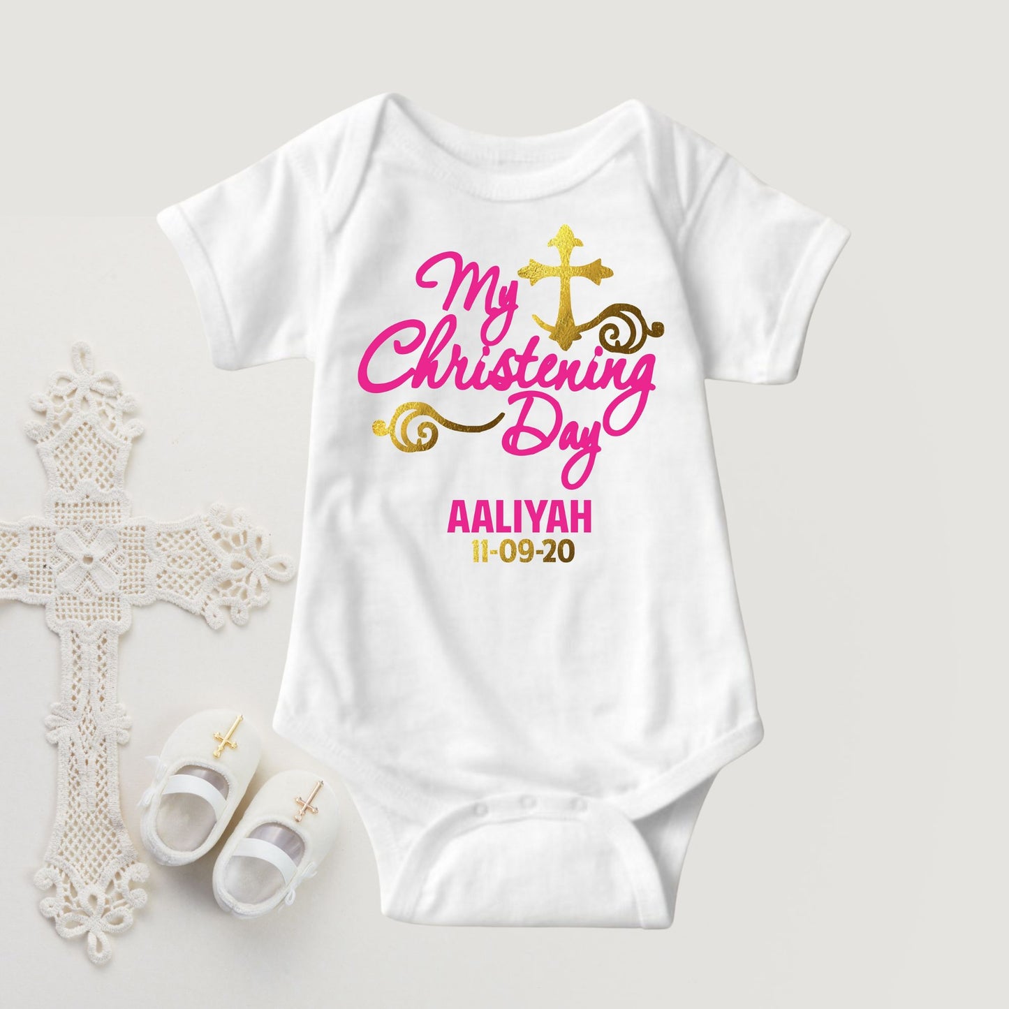 Baby Girl Christening Baptism Dedication Onesies - Gold Custom Print Name and Date