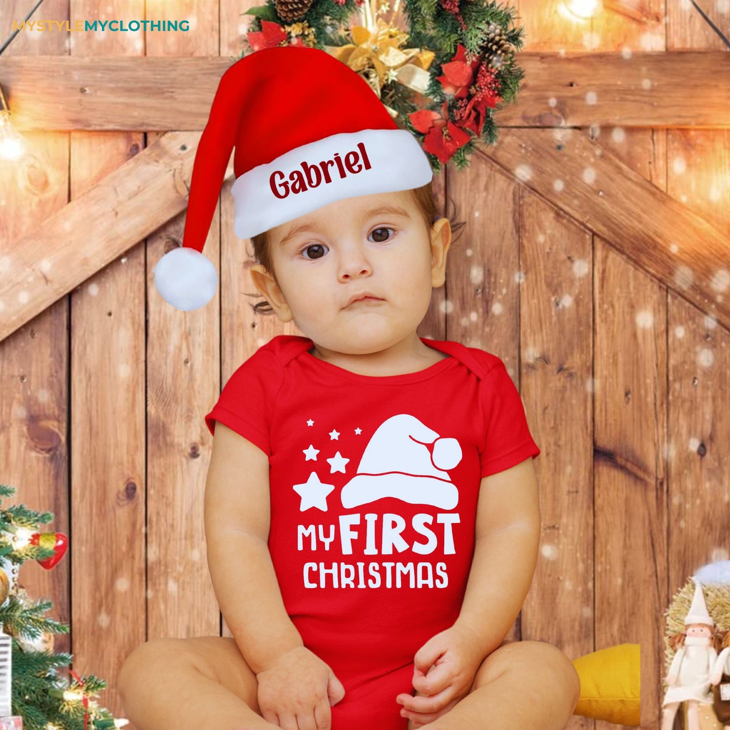 Baby Christmas Holiday Onesies with Customized Santa Hat - My First Christmas Star & Hat