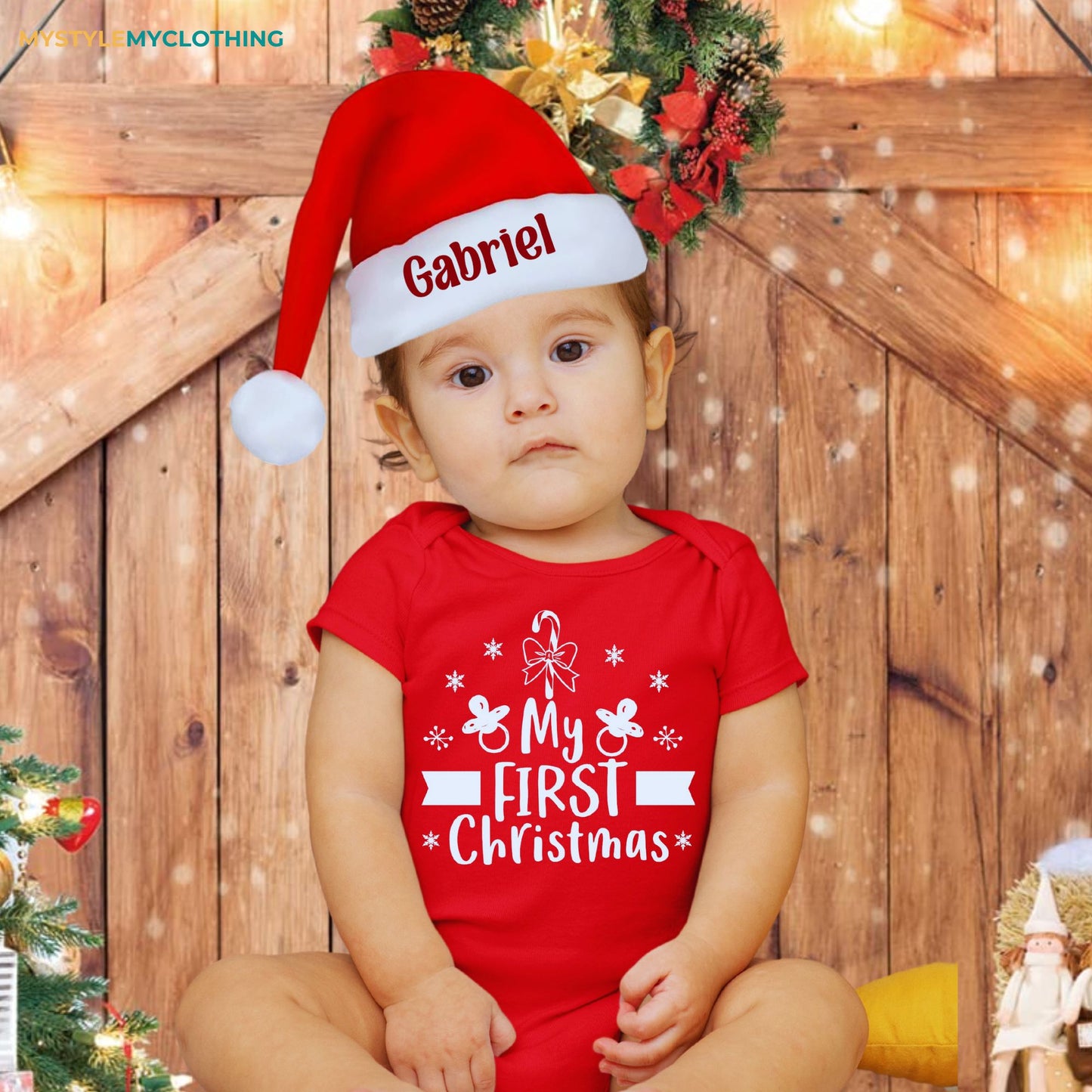 Baby Christmas Holiday Onesies with Customized Santa Hat - My First Christmas Pacifier