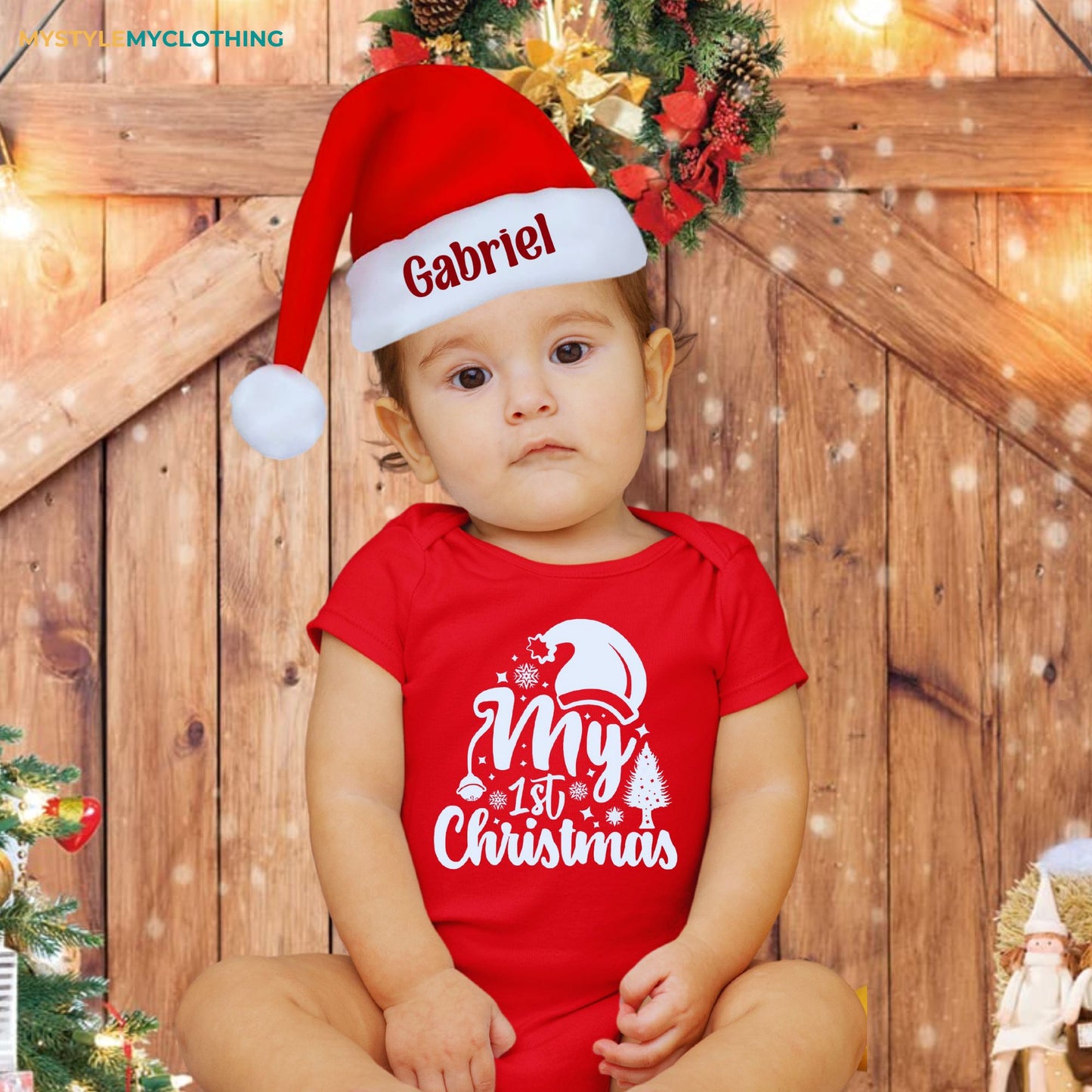 Baby Christmas Onesies with Customized Santa Hat - Tree's and Hat