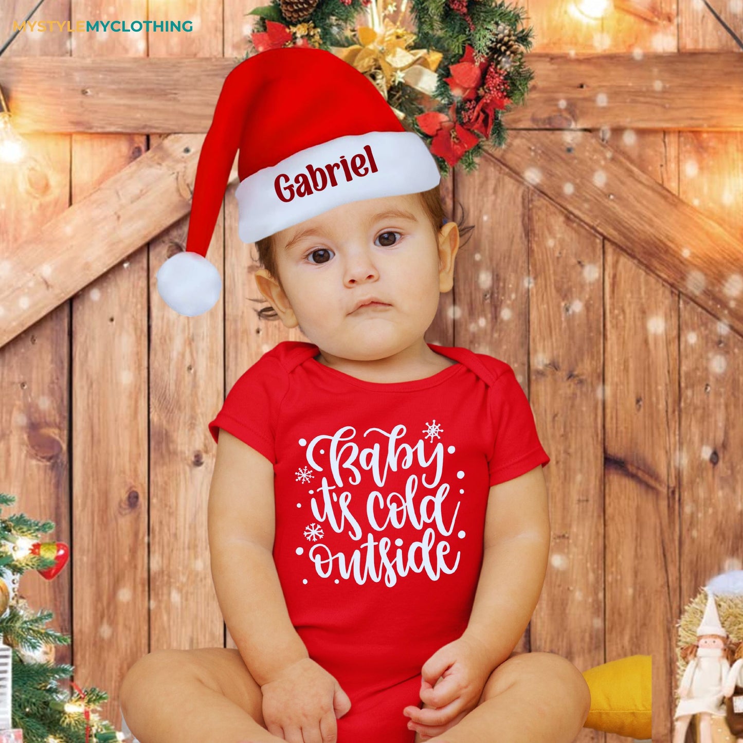 Baby Christmas Holiday Onesies with Customized Santa Hat - Its Cold Outside