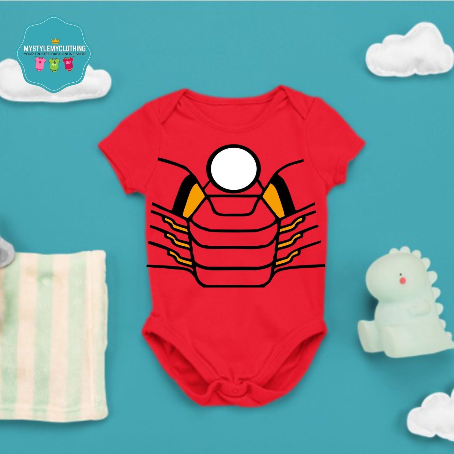 Baby Superhero Onesies with Name Back Print - Ironman-Suit Mark VII