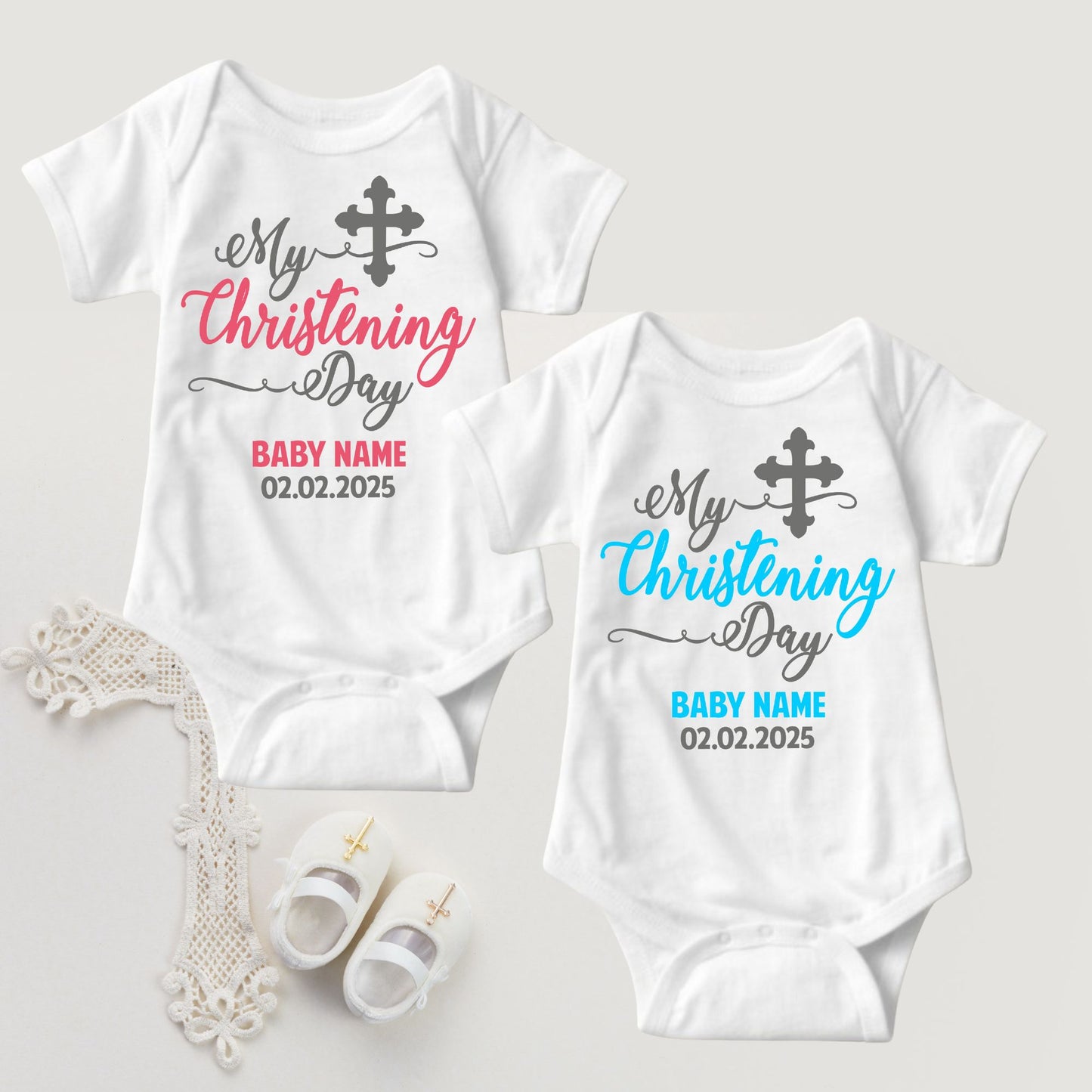 Baby Boy Christening Baptism Dedication Onesies - Custom Print Name and Date