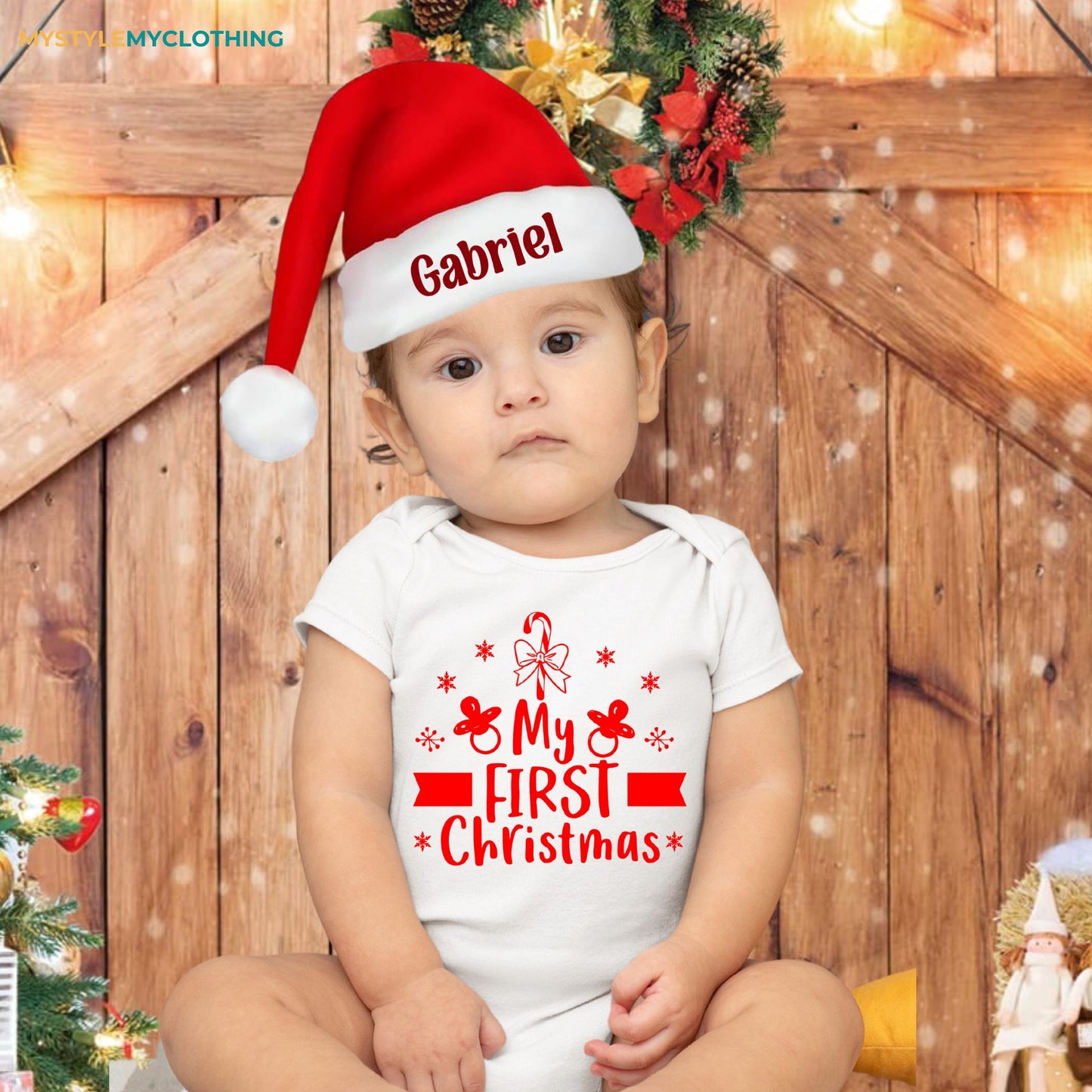 Baby Christmas Holiday Onesies with Customized Santa Hat - My First Christmas Pacifier