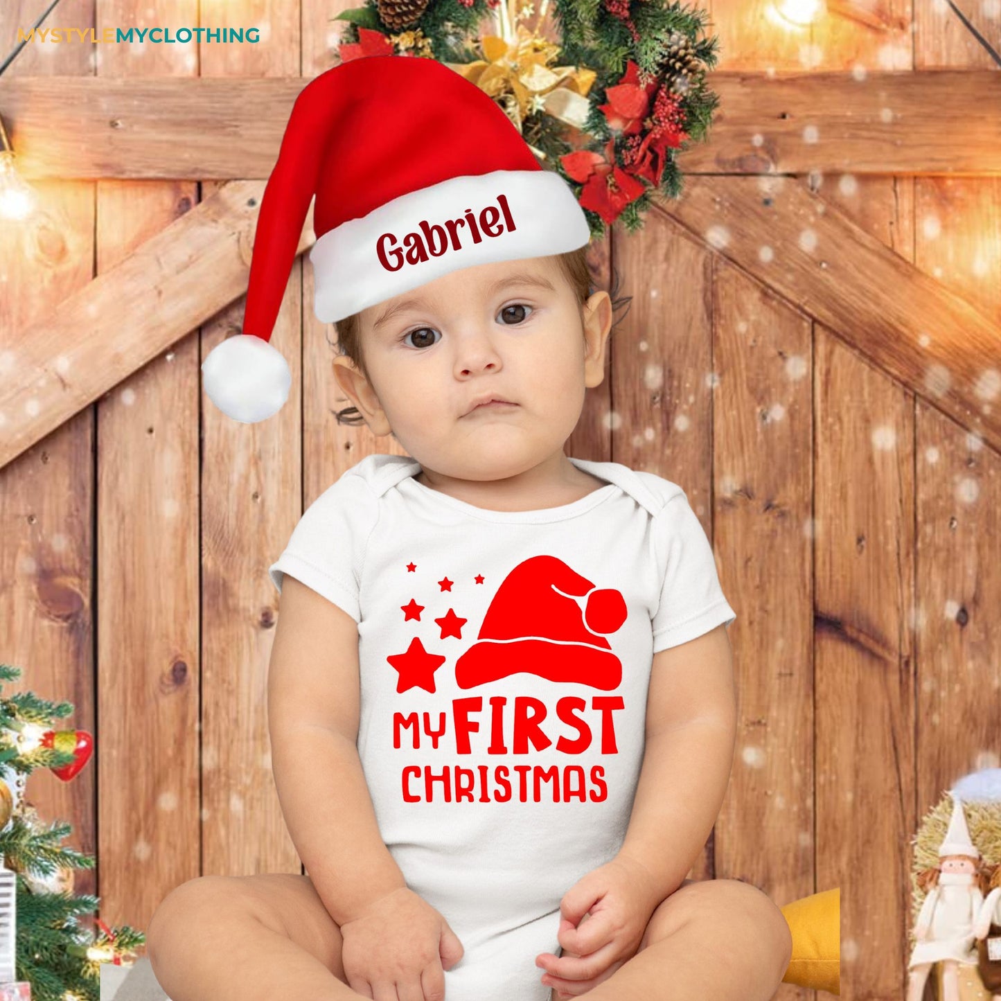 Baby Christmas Holiday Onesies with Customized Santa Hat - My 1st Christmas Star and Santa Hat